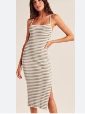 Abercrombie Striped Knit Midi Dress in Cream & Blue